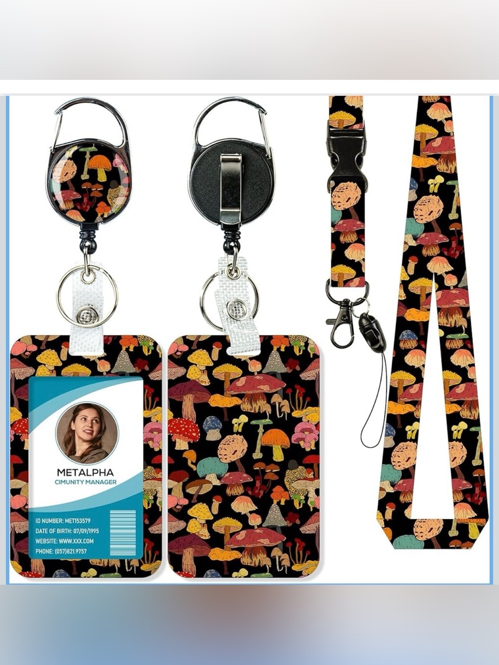 Lanyard and Badge Holder Set with Colorful Mushroom Print - Black